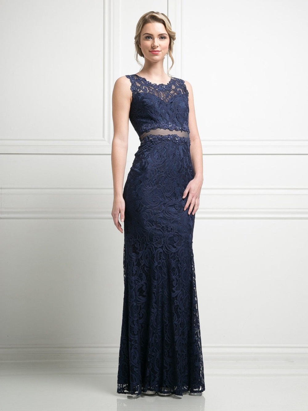 CINDERELLA DIVINE Navy Blue Lace Formal Maxi Dress Size Large